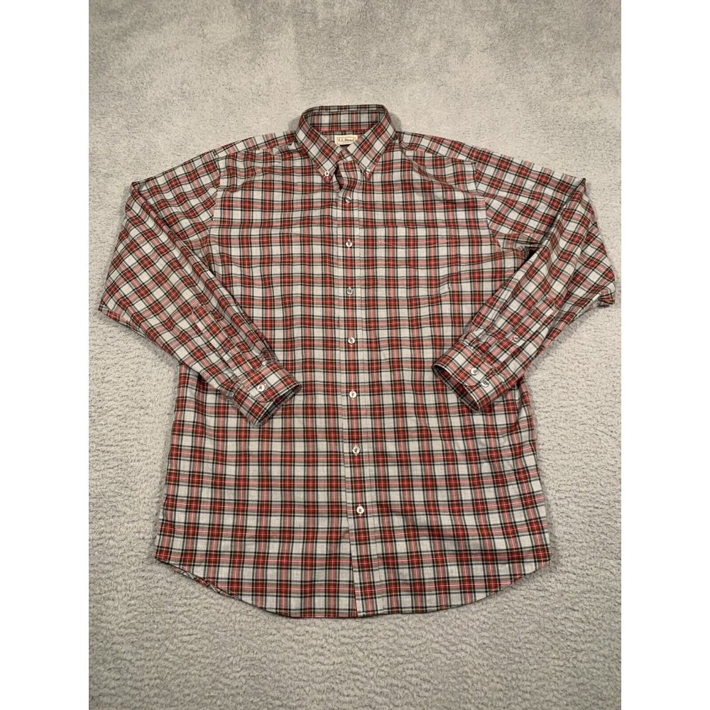 LL Bean Mens Gray Red Plaid Traditional Fit Button Down Shirt Large‎ Tall L-Tall